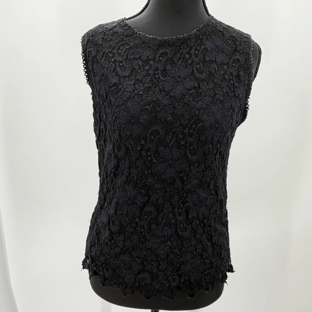 Softwear by Mark Singer Lace Tank Top Sleeveless Floral Black Vintage Style S/M